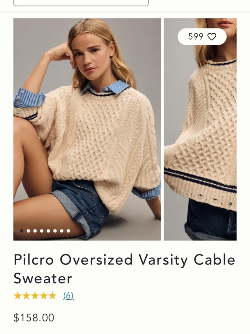 PILCRO Anthropologie Oversized Varsity Cable Sweater Ivory Size XS